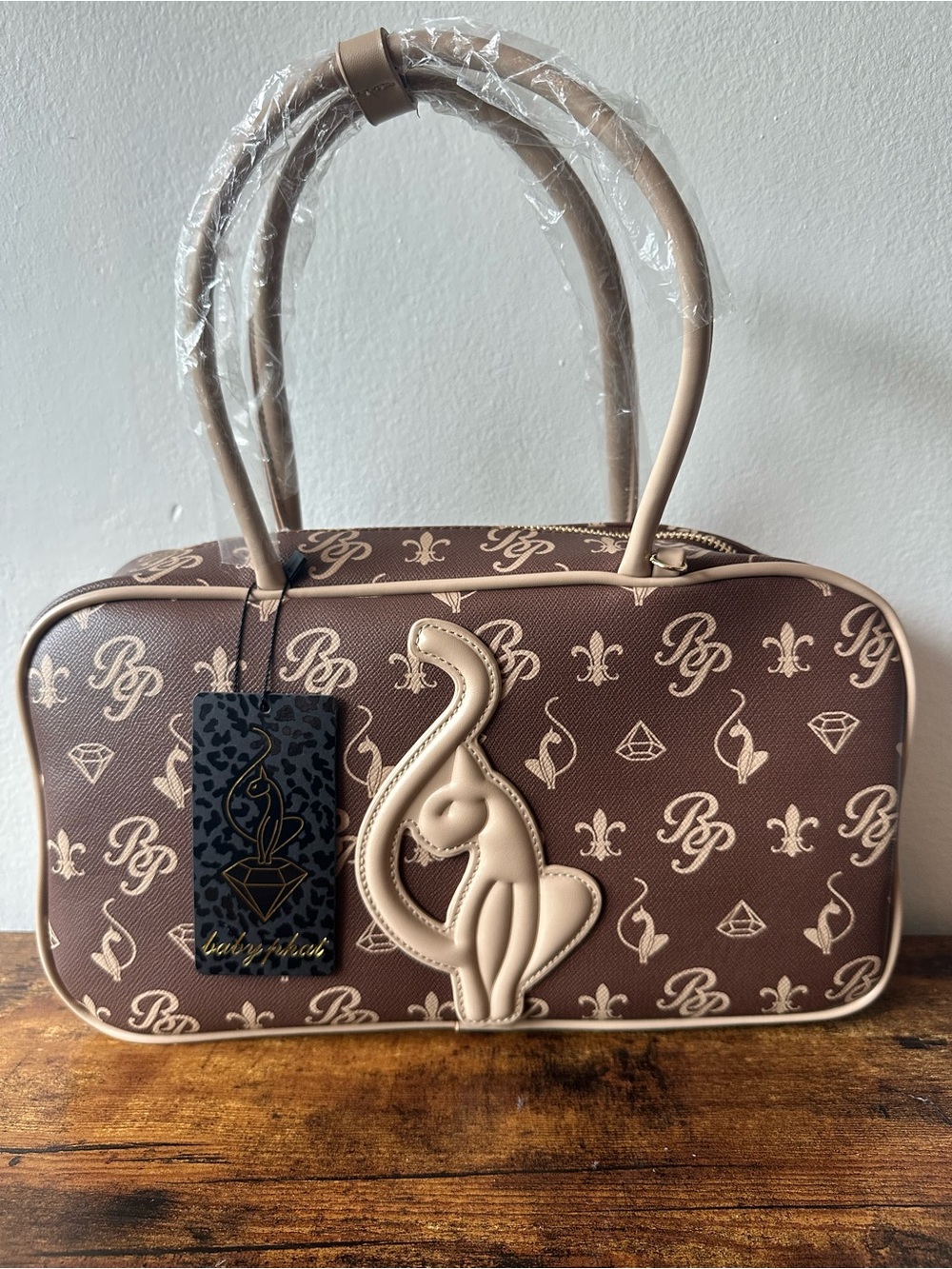 Baby Phat Women’s Brown Patterned Satchel Handbag with Cream Accents Cat Logo NW
